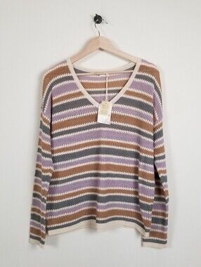 Hem & Thread Striped V-Neck Sweater Size Large NWT